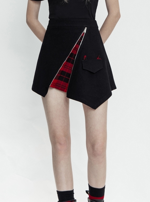 Side Cat Ear Decoration Splice Red Plaid Irregular Hem Black Punk Skirt