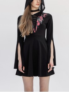 V-Neck Front Chest Lace-Up Print Flare Sleeve Black Gothic Hooded Dress