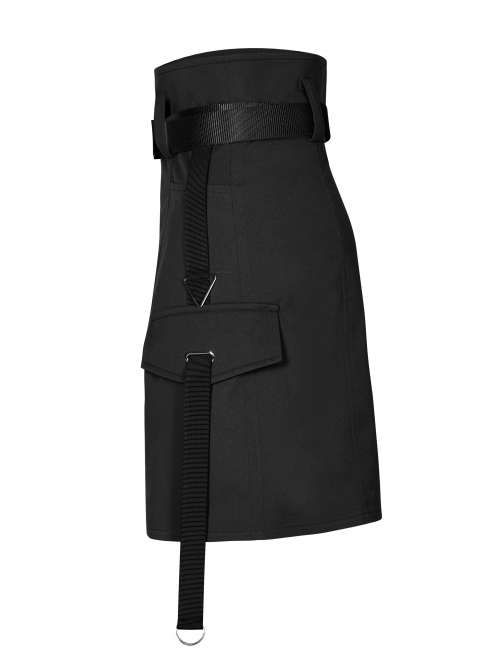 High Waist Plastic Belt Side Fake Pocket Black Punk Skirt