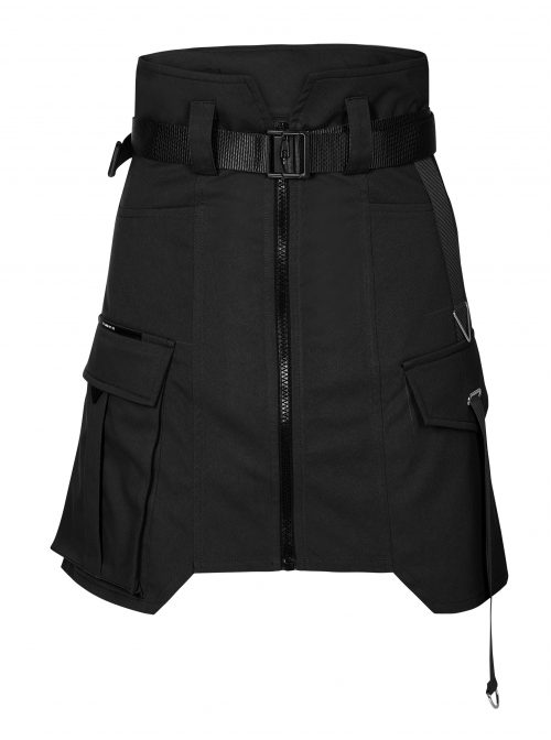 High Waist Plastic Belt Side Fake Pocket Black Punk Skirt