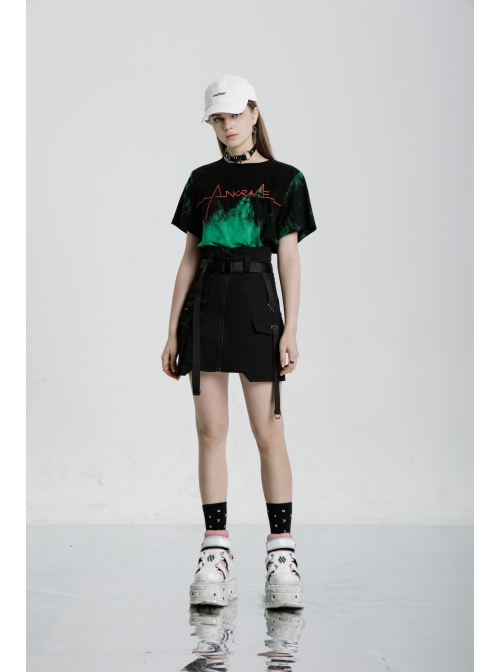 High Waist Plastic Belt Side Fake Pocket Black Punk Skirt