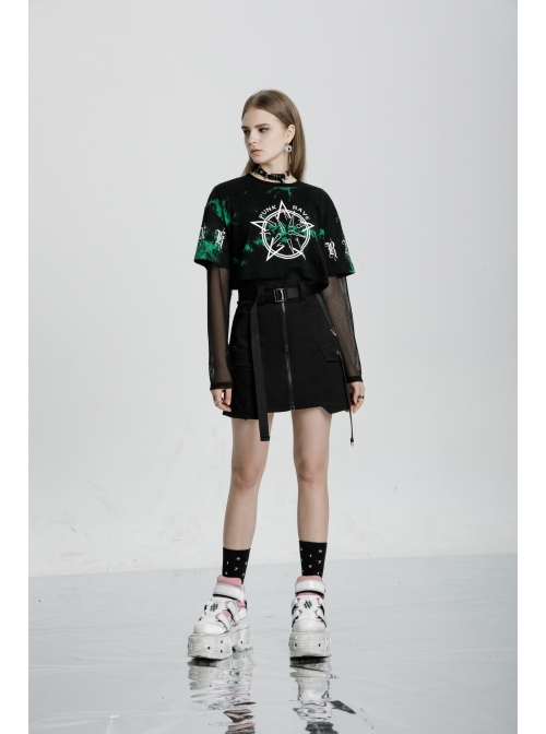 High Waist Plastic Belt Side Fake Pocket Black Punk Skirt