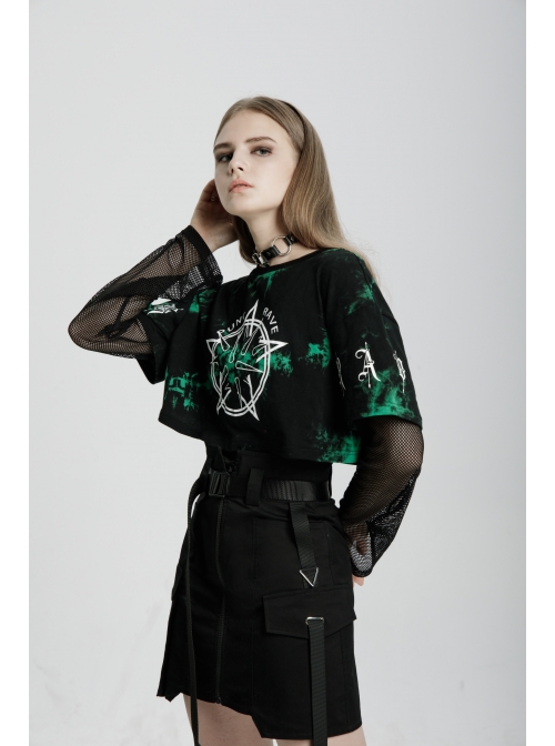 High Waist Plastic Belt Side Fake Pocket Black Punk Skirt