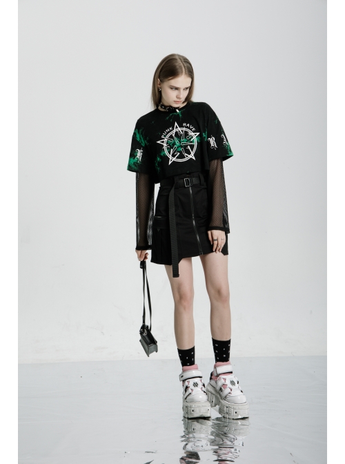High Waist Plastic Belt Side Fake Pocket Black Punk Skirt