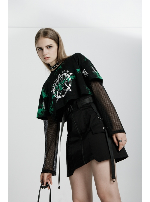 High Waist Plastic Belt Side Fake Pocket Black Punk Skirt