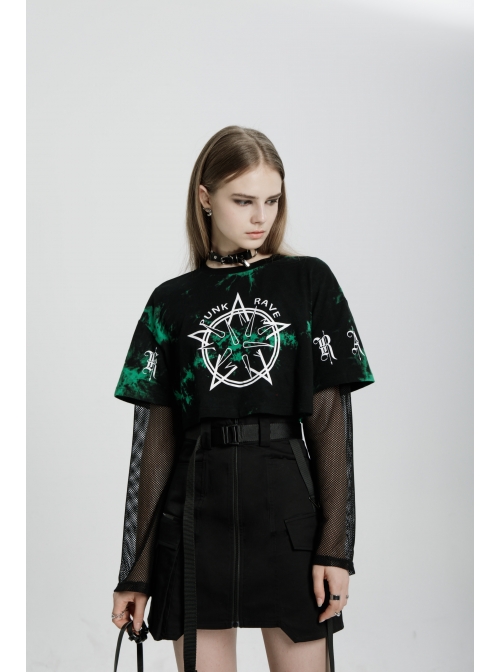 High Waist Plastic Belt Side Fake Pocket Black Punk Skirt