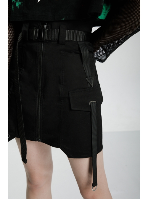 High Waist Plastic Belt Side Fake Pocket Black Punk Skirt