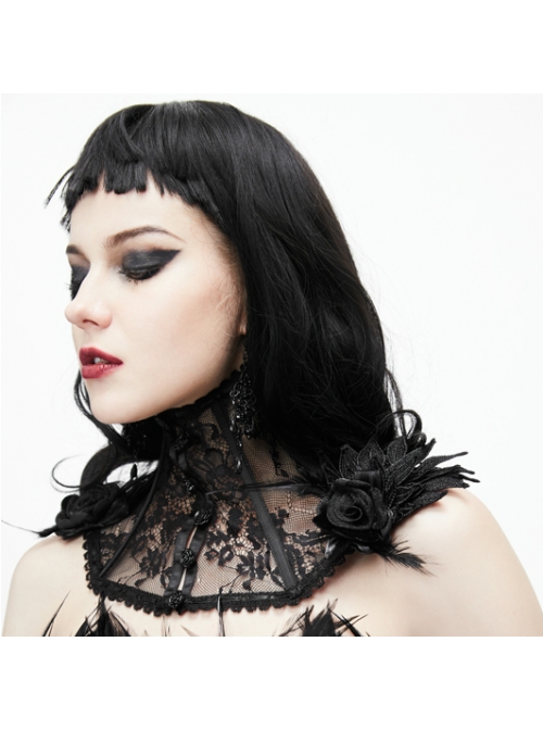 Black Lace Fabric Feather Shape Lace Feather Rose Flower Gothic Collar