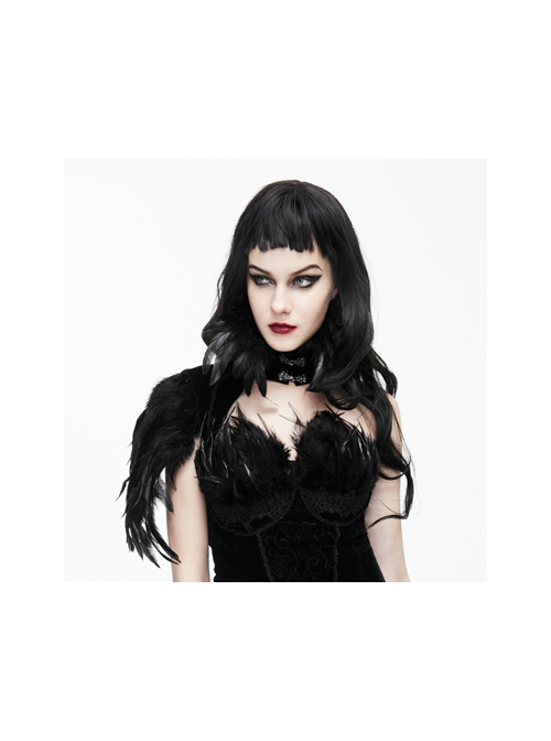 Black Gothic Feather One-Shoulder Weft Velvet Fabric Metal Buckle Collar