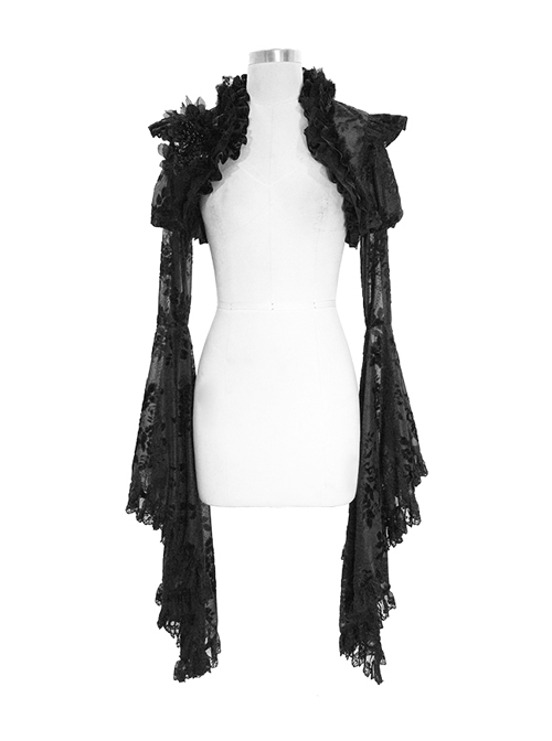 Black Gothic Transparent Lace Trim Big Trumpet Sleeve 3D Flower Rabbit Fur Lace Shawl