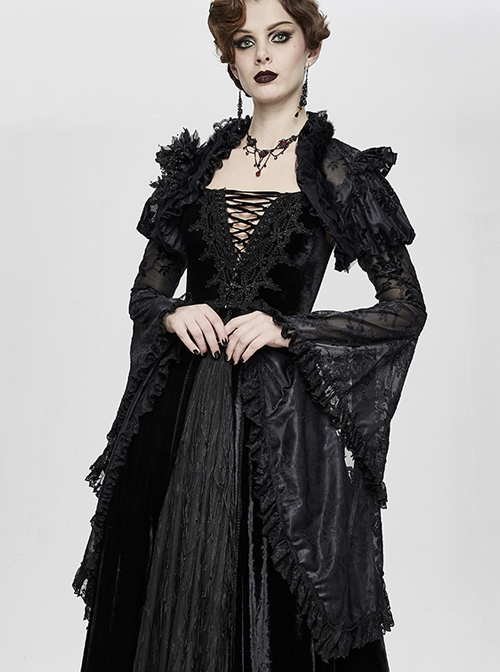 Black Gothic Transparent Lace Trim Big Trumpet Sleeve 3D Flower Rabbit Fur Lace Shawl