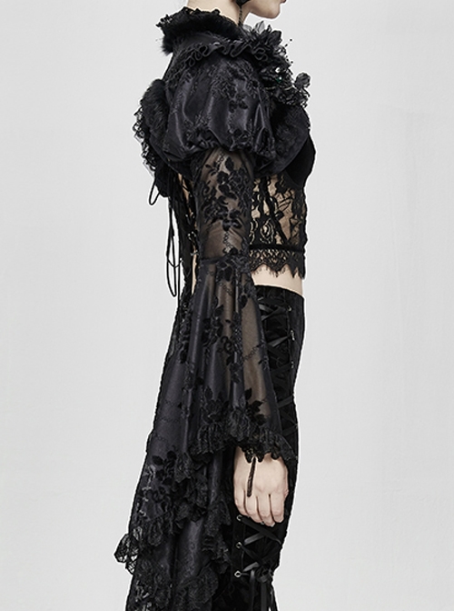 Black Gothic Transparent Lace Trim Big Trumpet Sleeve 3D Flower Rabbit Fur Lace Shawl