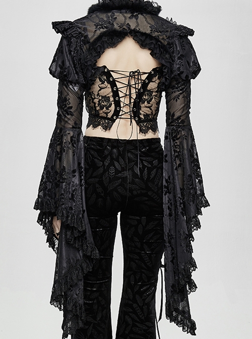Black Gothic Transparent Lace Trim Big Trumpet Sleeve 3D Flower Rabbit Fur Lace Shawl