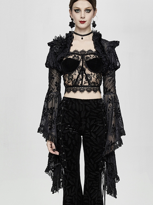 Black Gothic Transparent Lace Trim Big Trumpet Sleeve 3D Flower Rabbit Fur Lace Shawl