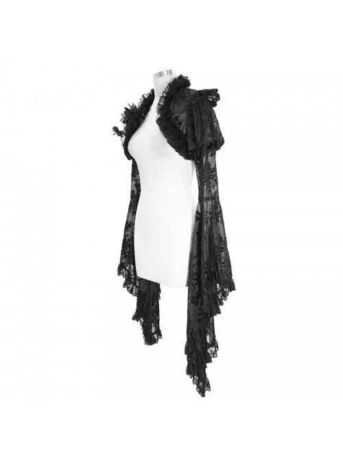 Black Gothic Transparent Lace Trim Big Trumpet Sleeve 3D Flower Rabbit Fur Lace Shawl