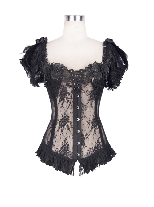 Black Gothic Transparent Lace Cotton Waist Fishbone Feather Flower Corset