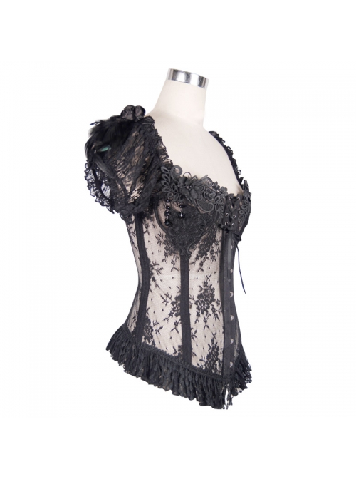 Black Gothic Transparent Lace Cotton Waist Fishbone Feather Flower Corset