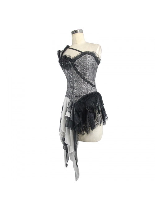 Black And Silver Jacquard Fabric Transparent Lace Asymmetrical Hem Gothic Corset
