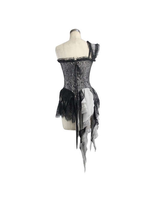 Black And Silver Jacquard Fabric Transparent Lace Asymmetrical Hem Gothic Corset