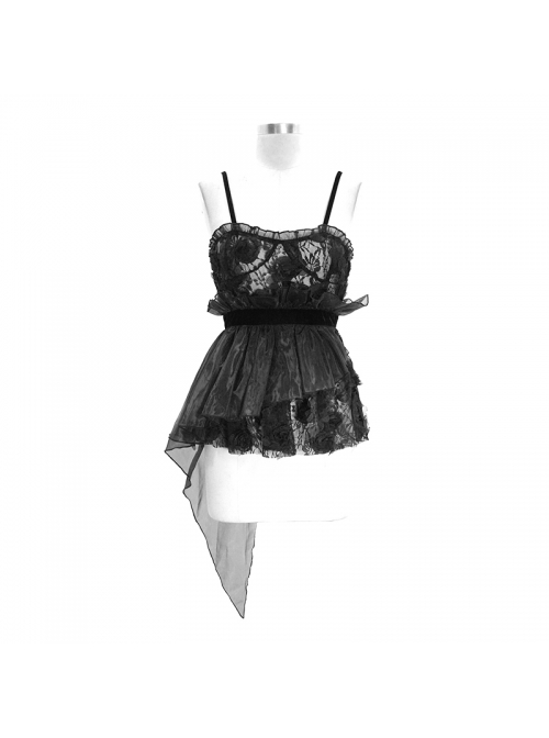 Black Gothic Transparent Lace Fabric Organza Velvet 3D Rose Flower Asymmetrical Shoulder Strap Wrap Corset