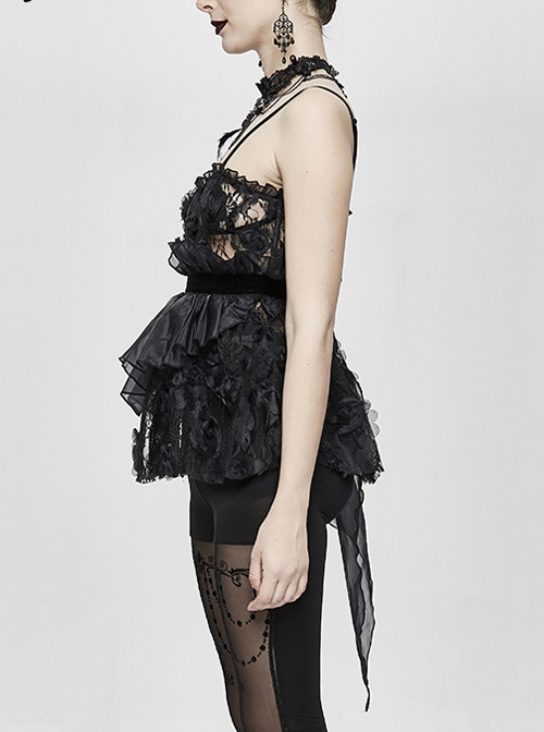 Black Gothic Transparent Lace Fabric Organza Velvet 3D Rose Flower Asymmetrical Shoulder Strap Wrap Corset