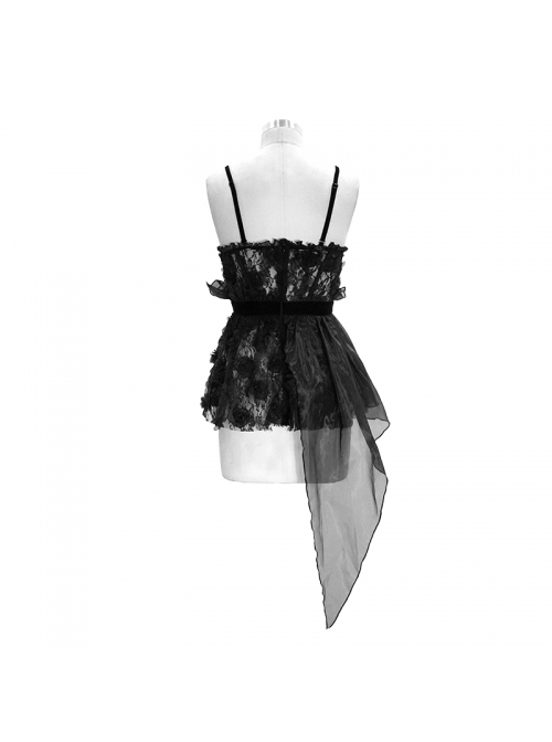 Black Gothic Transparent Lace Fabric Organza Velvet 3D Rose Flower Asymmetrical Shoulder Strap Wrap Corset