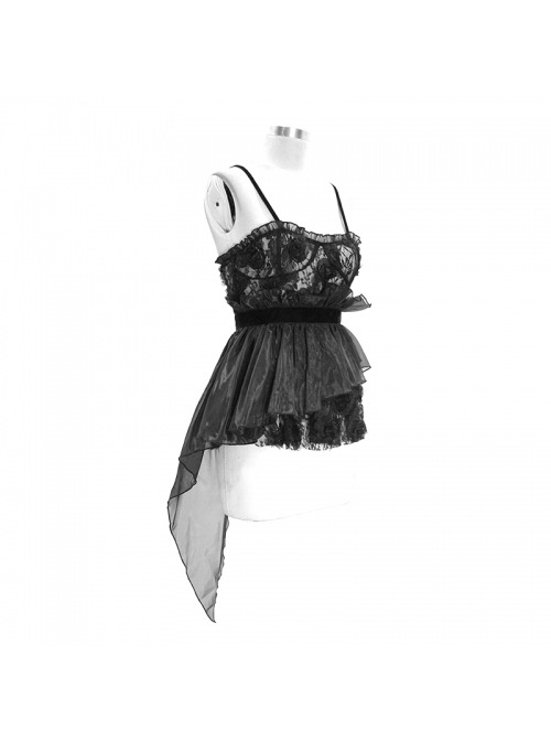 Black Gothic Transparent Lace Fabric Organza Velvet 3D Rose Flower Asymmetrical Shoulder Strap Wrap Corset