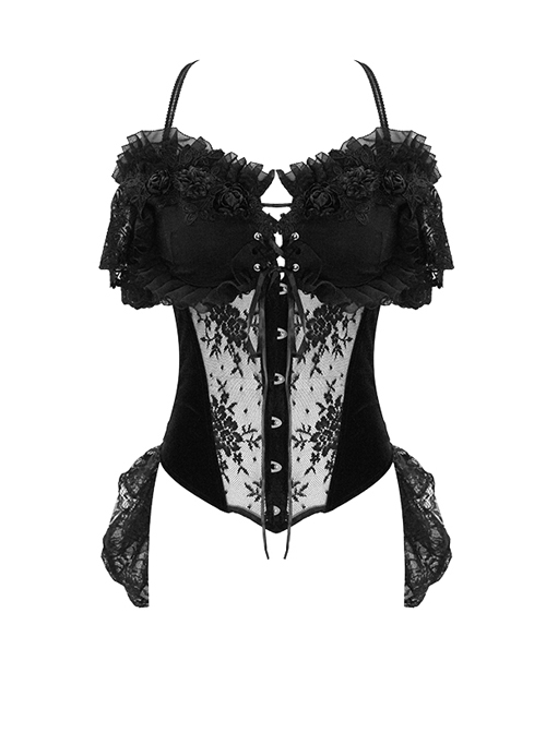 Gothic Corset With Black Transparent Lace And Flower Lace Decoration Back Hip Sling