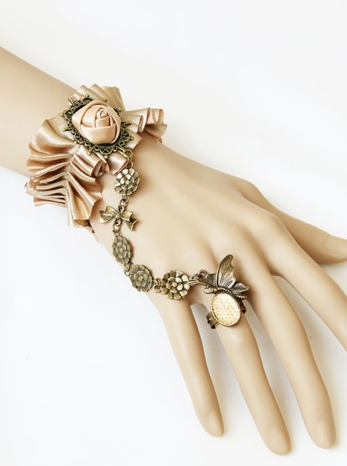 Vintage Lace Creative Bracelet Champagne Silk Rose Flower With Ring One Chain
