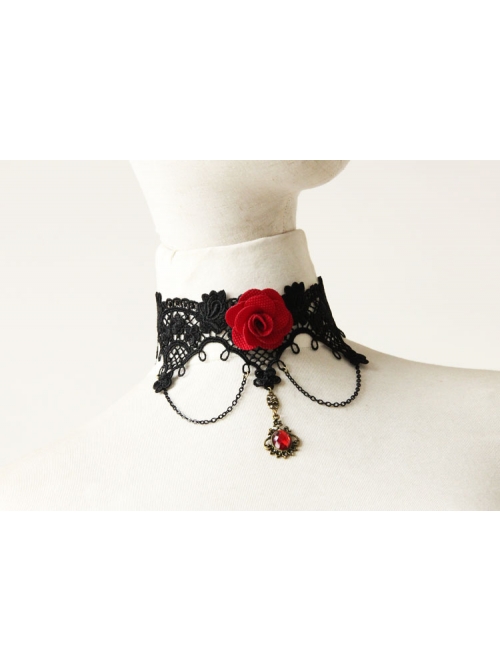 Gothic Red Rose Retro Palace Choker Black Lace Female False Collar