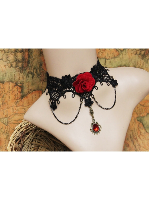 Gothic Red Rose Retro Palace Choker Black Lace Female False Collar
