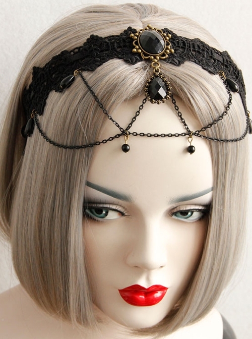 Gothic Bride Black Lace Chain Gems Creative Banquet Host Headband
