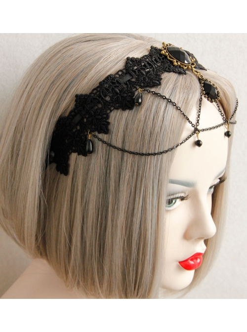 Gothic Bride Black Lace Chain Gems Creative Banquet Host Headband