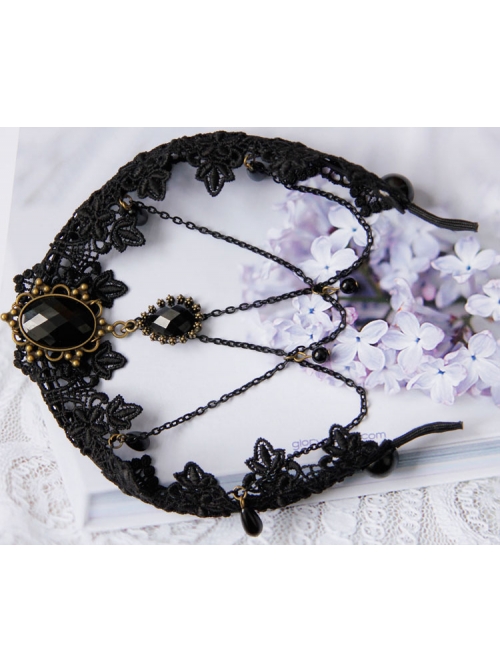 Gothic Bride Black Lace Chain Gems Creative Banquet Host Headband