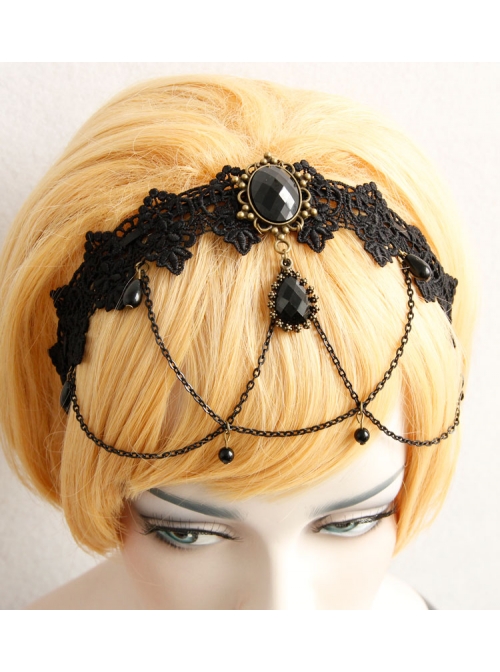 Gothic Bride Black Lace Chain Gems Creative Banquet Host Headband
