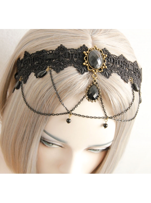 Gothic Bride Black Lace Chain Gems Creative Banquet Host Headband