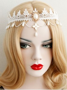 White Lolita Christmas Fashion Bride Lace Pearl Flowers Elastic Band Headband