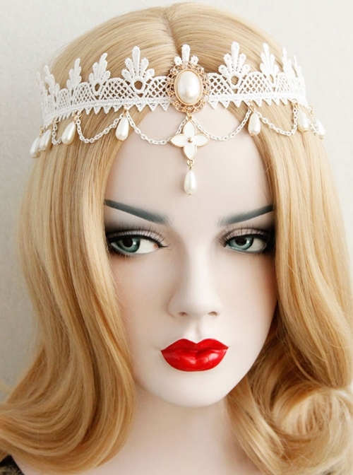 White Lolita Christmas Fashion Bride Lace Pearl Flowers Elastic Band Headband