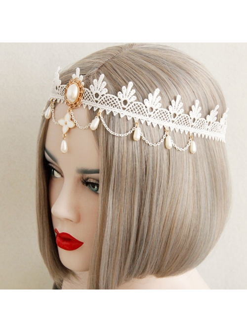 White Lolita Christmas Fashion Bride Lace Pearl Flowers Elastic Band Headband