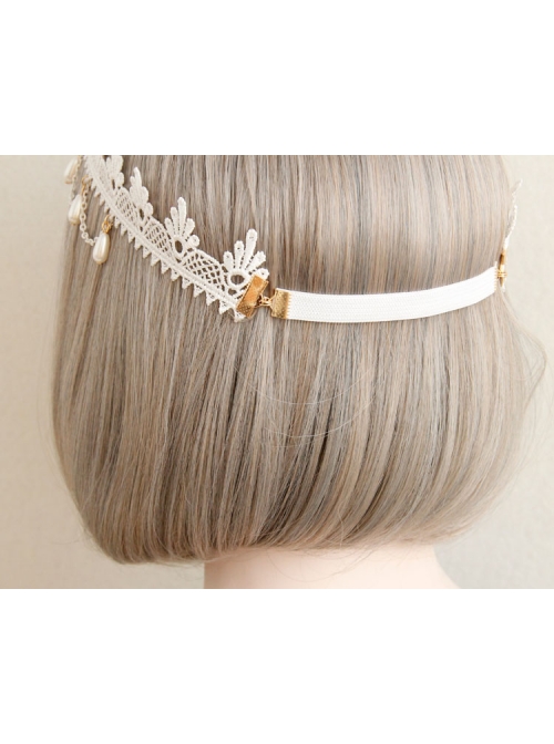 White Lolita Christmas Fashion Bride Lace Pearl Flowers Elastic Band Headband