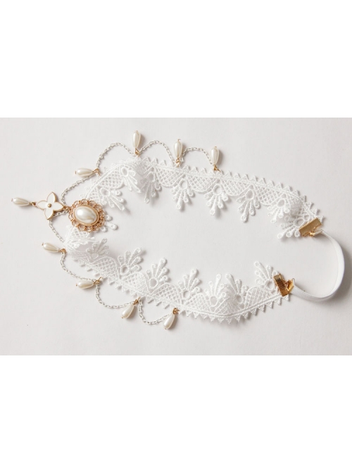 White Lolita Christmas Fashion Bride Lace Pearl Flowers Elastic Band Headband
