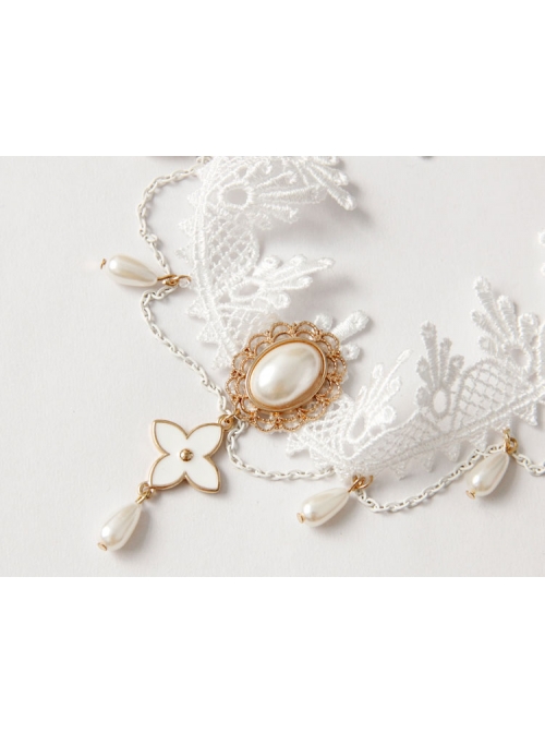 White Lolita Christmas Fashion Bride Lace Pearl Flowers Elastic Band Headband