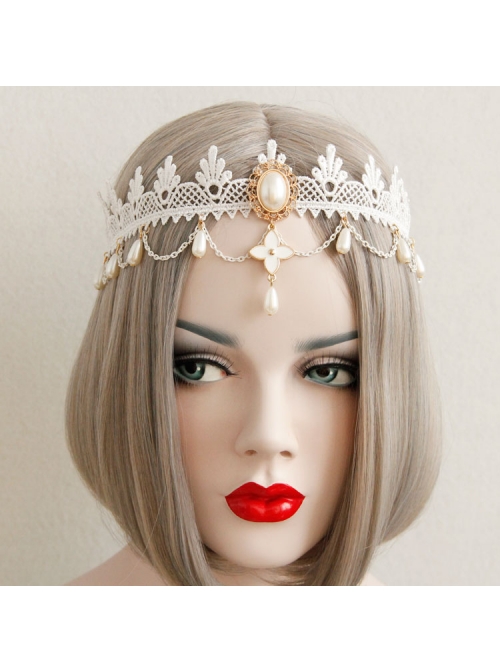White Lolita Christmas Fashion Bride Lace Pearl Flowers Elastic Band Headband