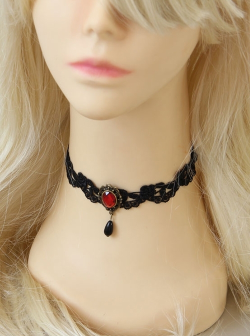 Gothic Girl Fashion Black Lace Ruby Necklace False Collar