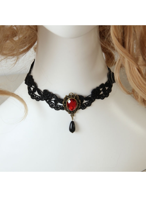 Gothic Girl Fashion Black Lace Ruby Necklace False Collar