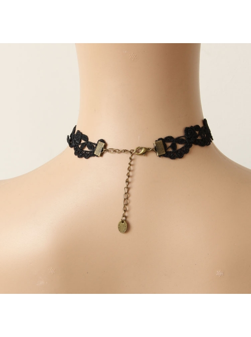 Gothic Girl Fashion Black Lace Ruby Necklace False Collar