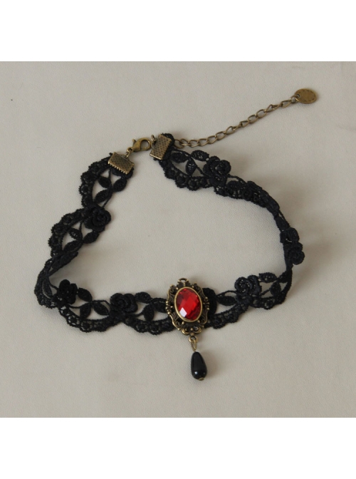 Gothic Girl Fashion Black Lace Ruby Necklace False Collar