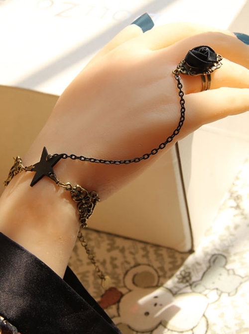 Punk Fashion Girl Black Star Rose Bracelet Ring One Chain