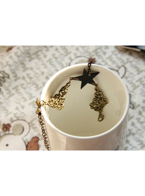 Punk Fashion Girl Black Star Rose Bracelet Ring One Chain