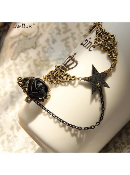 Punk Fashion Girl Black Star Rose Bracelet Ring One Chain